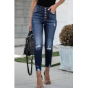 Fashionable Womens Jeans High Waist Ripped Button Up Ankle Length Stretchy Skinny Jeans