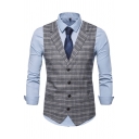 Edgy Suit Vest Plaid Printed Sleeveless Lapel Collar Slim Button Fly Suit Vest for Guys