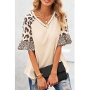 Stylish Ladies T-Shirt Leopard Print V-Neck Half Ruffle Sleeve Oversized T-Shirt