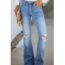 Chic Ladies Jeans Midwash Blue Button Closure Ripped Mid Rise Full Length Bootcut Jeans