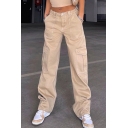Modern Girls Pants Solid Zip Fly Flap Pockets High Rise Straight Cargo Pants