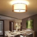 3-Light Flush Mount Lighting Transitional Style Drum Shape Fabric Ceiling Mounted Fixture