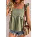 Trendy Womens Cami Plain Color Spaghetti Straps Ruffle Relaxed Tank Top