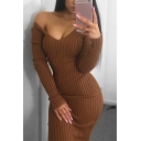Leisure Solid Color Ladies Knit Dress Off Shoulder Long Sleeve Bodycon Knit Dress