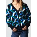 Trendy Womens Cardigan Geometric Print V-Neck Button Down Long-Sleeved Regular Fitted Cardigan in Blue