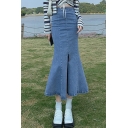 Retro Girls Skirt Plain Color Split Hem Zip Fly Maxi Ruffle Denim Skirt