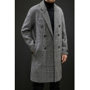 Freestyle Guys Coat Plaid Print Long Sleeve Lapel Collar Relaxed Double Breasted Pea Coat