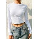 Sexy Womens Crop T-Shirt Solid Color Crew Neck Long Sleeve Slim Fitted T-Shirt