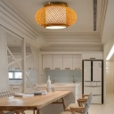 1-Light Flush Mount Lighting Asian Style Cage Shape Ratten Ceiling Light Fixture
