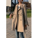 Basic Womens Trench Coat Solid Color Double Breasted Spread Collar Loose Fit Trench Coat with Belt