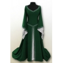 Vintage Womens Dress Solid Long Flare Sleeve Scoop Neck Split Design Floor Length A-Line Dress