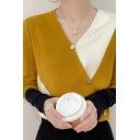 Comfortable Ladies Knit Top Contrast Panel V Neck Button Detail Pullover Knit Top