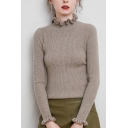 Casual Womens Knit Top Solid Color Mock Neck Ruffles Detail Long Sleeve Slim Fitted Knit Top