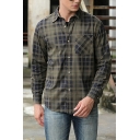 Fashionable Shirt Plaid Print Chest Pocket Button-up Long Sleeve Notched Collar Fitted Shirt for Men