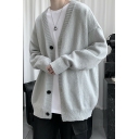 Mens Urban Cardigan Solid Rib Hem Long Sleeves V Neck Loose Fitted Button Down Cardigan