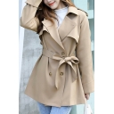 Stylish Trench Coat Plain Notched Lapel Collar Tied Waist Double Breasted Regular Fit Trench Coat for Ladies