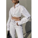 Stylish Womens Crop Shirt Lace-Up Detail Button Closure Long Sleeve Shirt in White