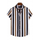 Modern Guys Shirt Stripe Print Short Sleeve Spread Collar Regular Fit Button Closure Shirt