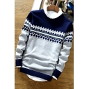 Guys Boyish Sweater Striped Print Round Collar Long Sleeves Fitted Pullover Sweater