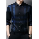 Elegant Shirt Plaid Print Long Sleeve Turn-down Collar Fitted Button Fly Shirt for Guys