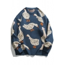 Vintage Mens Sweater Duck Pattern Long Sleeves Round Neck Loose Fitted Pullover Sweater