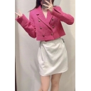 Stylish Girls Blazers Solid Woven Notched Lapel Double Breasted Long Sleeve Slim Cropped Suit Jacket