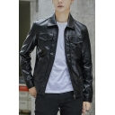 Boy's Basic Jacket Whole Colored Spread Collar Long-sleeved Fitted Zip-up Leather Jacket