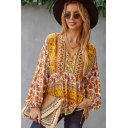 Retro V-Neck Shirt Ethnic Print Elasticized Cuff Loose Fit Pullover Shirt for Ladies