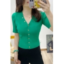 Leisure Ladies Sweater Plain Color V-Neck Single Breasted Short Sleeve Slim Cropped Sweater