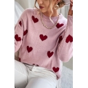 Trendy Ladies Sweater Heart Pattern Round Neck Long Sleeve Oversized Sweater