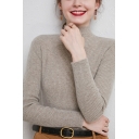 Simple Ladies Sweater Solid Color Mock Neck Long Sleeve Slim Fit Sweater