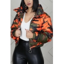 Trendy Womens Crop Jacket Spread Collar Zipper Down Camouflage Print Long Sleeve Slim Fit Thickened Jacket