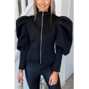 Trendy Ladies Jacket Color Block Stand Collar Long Puff Sleeve Zip Up Straight Cropped Jacket