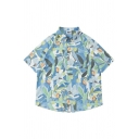 Vintage Boys Shirt Floral Printed Short Sleeve Turn-down Collar Loose Fit Button Shirt