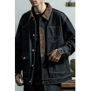 Modern Boy's Jacket Contrasting Patchwork Button Closure Spread Collar Loose Fit Denim Jacket
