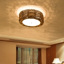 1-Light Flush Light Fixtures Minimalist Style Drum Shape Rattan Ceiling Lighting