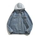 Stylish Boy's Jacket Fake Two Piece Patchwork Button Closure Loose Fit Denim Jacket with Hood