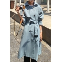 Classic Plain Trench Coat Notched Lapel Collar Belted Double Breasted Longline Trench Coat for Ladies