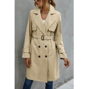 Classical Womens Trench Coat Double Breasted Notched Lapel Collar Solid Color Belted Regular Fit Trench Coat