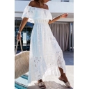 Casual Womens Dress Off the Shoulder Tie Waist Hollow Dress in White