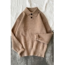 Dashing Guys Sweater Knit Pure Color Button Detail Turn-down Collar Long Sleeve Loose Fit Sweater