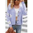 Leisure Ladies Cardigan Flowers Print V Neck Button Down Long Sleeve Relaxed Cardigan
