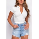 Leisure Womens T-Shirt Solid V-Neck Short Sleeve Slim Cropped T-Shirt
