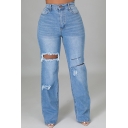 Trendy Ladies Jeans Lightwash Blue Zipper Fly High Rise Cut-Outs Full Length Flare Jeans