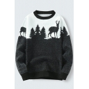 Mens Pop Sweater Deer Pattern Rib Hem Long Sleeves Loose Round Collar Pullover Sweater