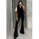 Simple Womens Pants Solid Color High Rise Elastic Waist Full Length Flared Pants