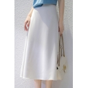 Basic Womens Skirt Solid Color Zipper Back A-Line Midi Skirt