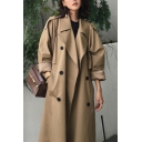 Trendy Ladies Trench Coat Solid Notched Lapel Double Breasted Long Sleeve Long Straight Trench Coat
