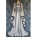 Victorian Womens Dress Contrast Trim Loose Fit Renaissance Flare Sleeve Long Dress