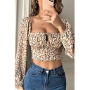 Stylish Womens Shirt Ditsy Floral Print Square Neck Lace-Up Long Sleeve Cropped Pullover Shirt
